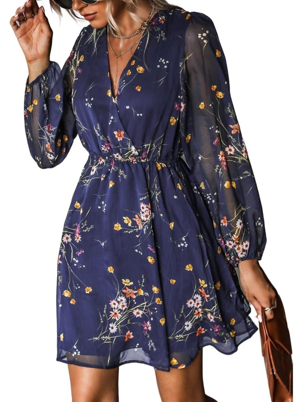 Women's Navy Fall Floral Long Sleeve V Neck Boho Mini Wedding Guest Dresses